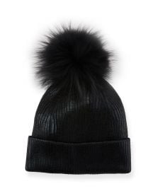 Jocelyn Metallic Fur-Pompom Beanie Hat at Neiman Marcus